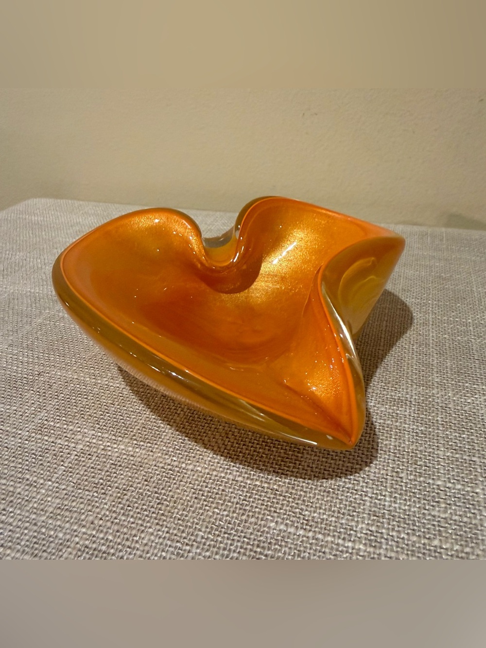 Vintage Murano Style Aventurine Gold Fleck Orange Glass Heart Dish Bowl